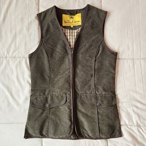 Sleeveless utility jacket vest, olive/military green with brown details, XS